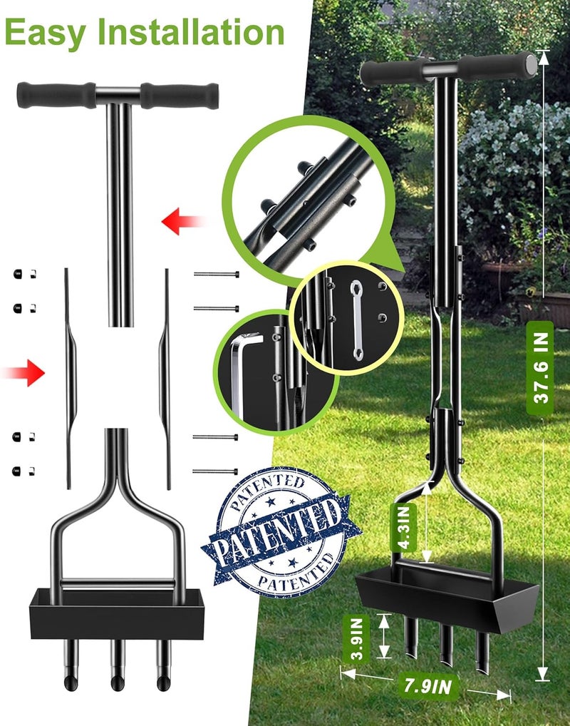 vanpein Store Lawn Aerator Coring Garden Tool with Soil Core Storage Tray, Manual Yard Plug Aerators & Clean Tool, Grass Aeration Gardening Tools with 3 Tines for Lawn Care, Compacted Soil, 37.6” - Image 3
